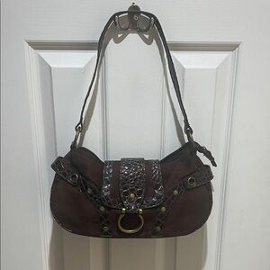 Brown faux Suede Shoulder Bag with Croc Trim